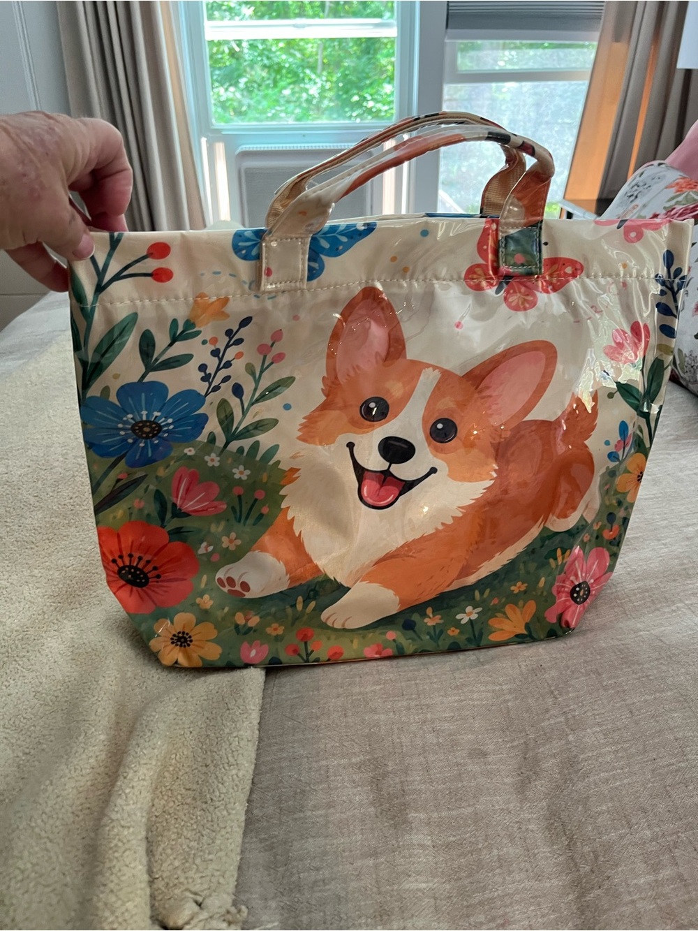 Dog-Themed Floral Tote Bag - Orange Corgi Print
